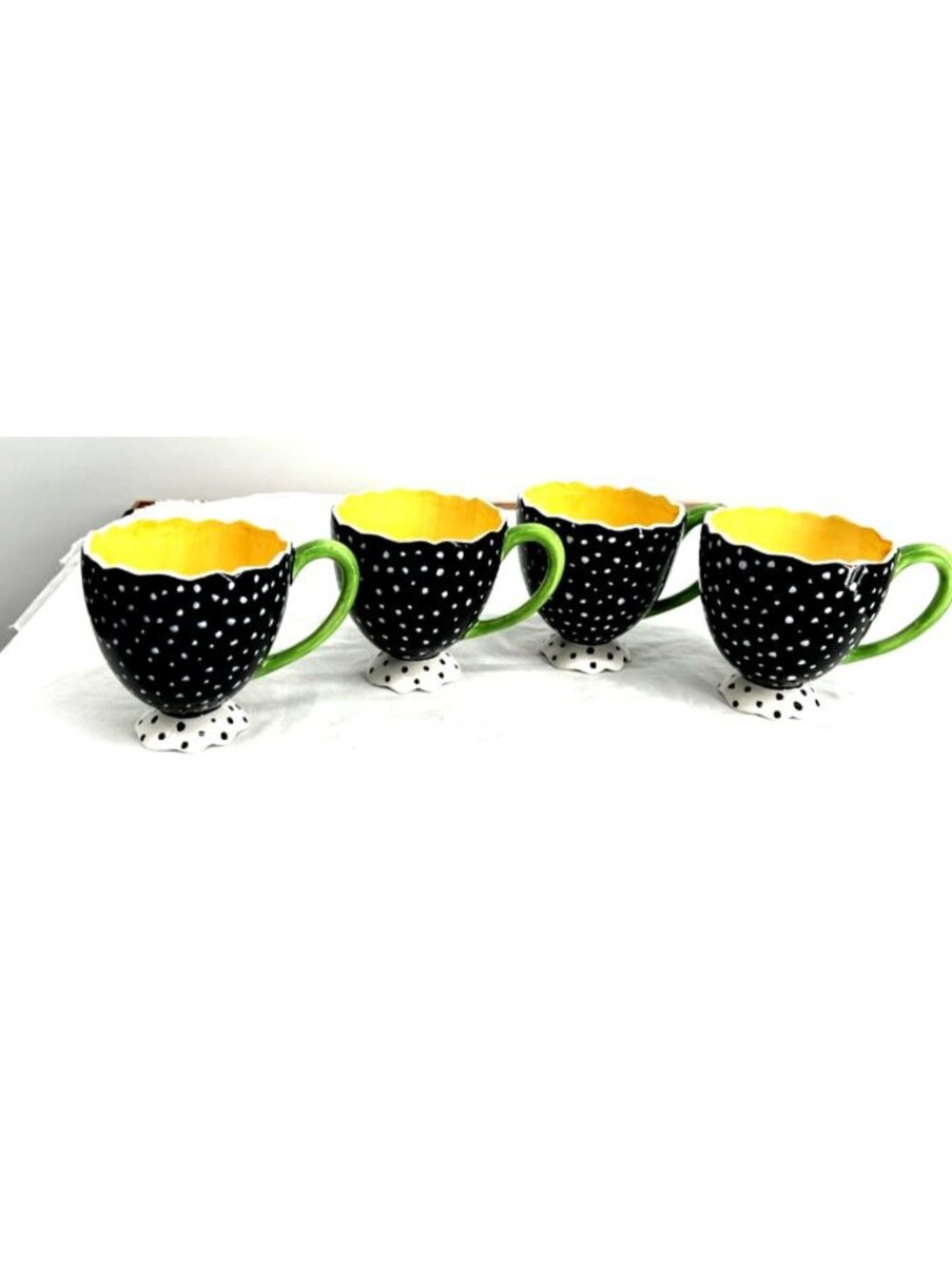 Dept 56 Ceramic Cracked Egg Coffee Mug Cup Set of 4 Black White Dot Easter